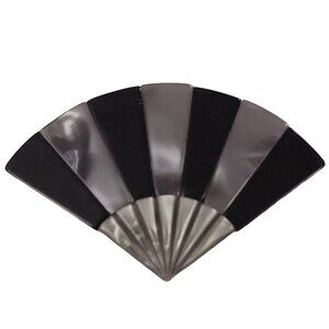 Lea Stein Paris Black Pearl Gray Lucite Ladies Fan Brooch, Signed K475